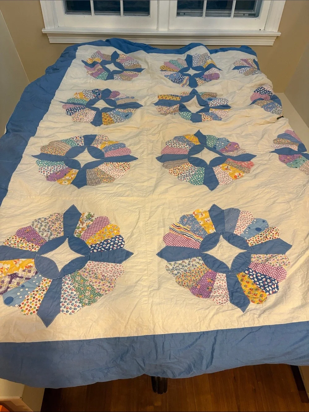 Handmade White and Blue Patchwork Quilt